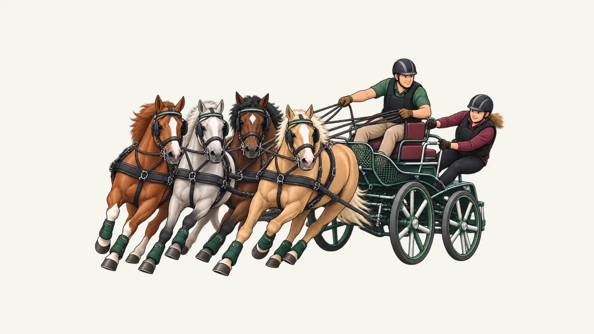 Illustration d'un attelage à quatre chevaux tirant une voiture de marathon, avec un meneur et un groom casqués