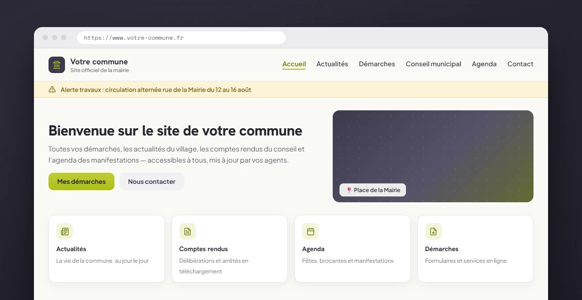 Maquette du site internet d'une commune : en-tête avec les rubriques Actualités, Démarches, Conseil municipal et Agenda, bandeau d'alerte travaux, et quatre blocs d'accès rapide