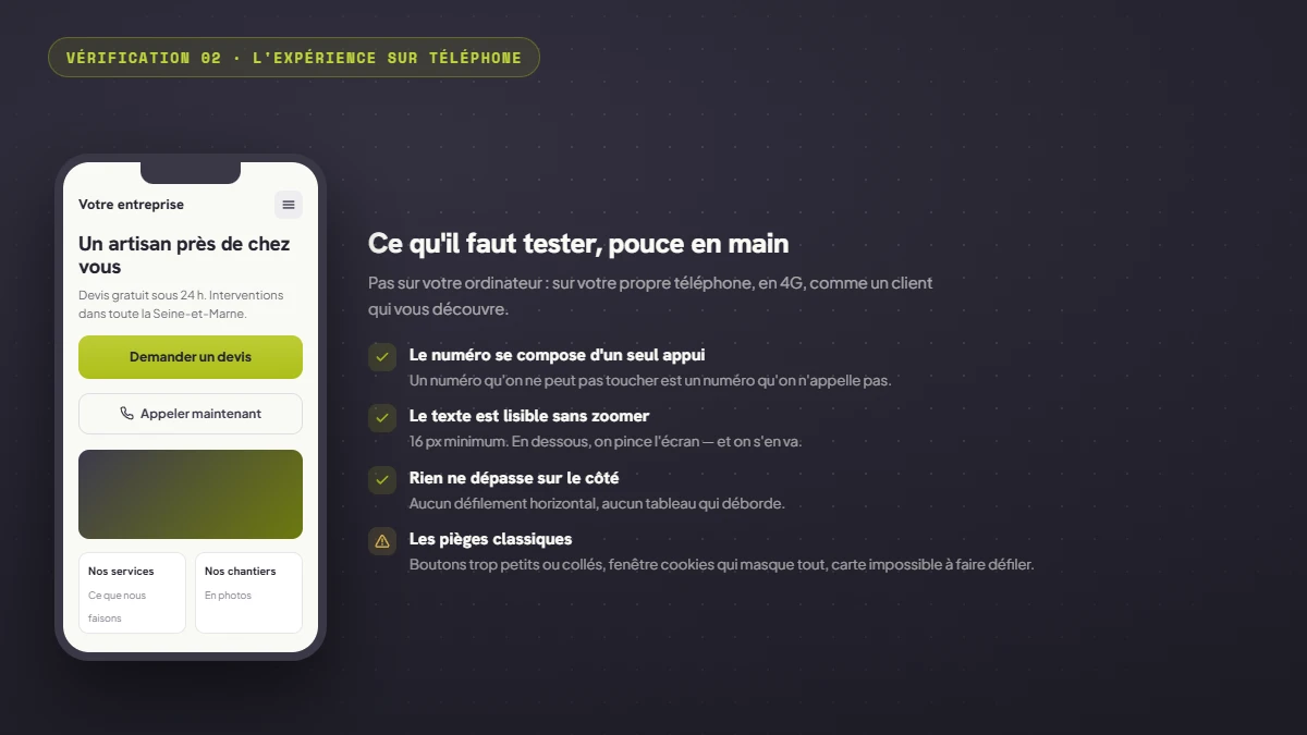 Maquette d'un site vu sur téléphone avec bouton de devis et appel direct, accompagnée de la liste des points à tester : numéro cliquable, texte lisible sans zoom, aucun débordement latéral