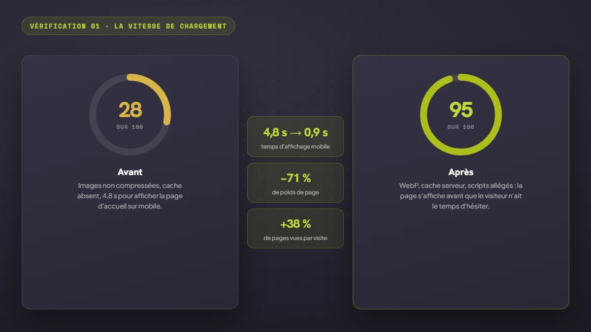 Comparaison de scores PageSpeed avant et après optimisation : 28 sur 100 avec 4,8 secondes de chargement mobile, puis 95 sur 100 avec 0,9 seconde, soit 71 % de poids en moins
