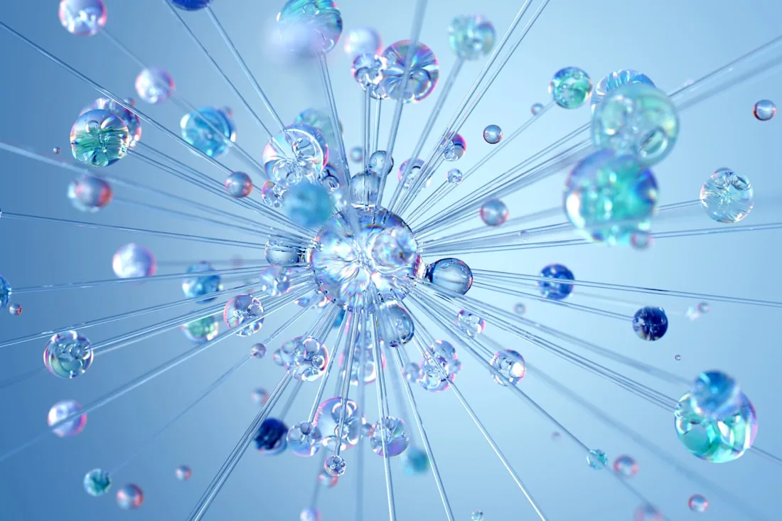 Réseau de connexions lumineuses en verre bleu et turquoise — l'intelligence artificielle au service de la création de sites web