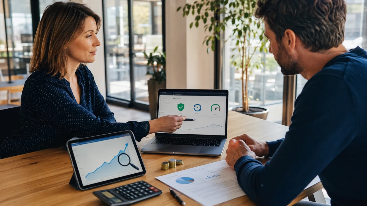 Conseillère WebPixie présentant à un client le tableau de bord de maintenance de son site : sécurité, sauvegardes, vitesse et courbe de trafic, budget mensuel sur la table